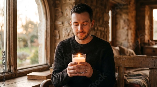 A peaceful man holding a burning candle in a cozy rustic room, enjoying a calm and meditative moment by the window