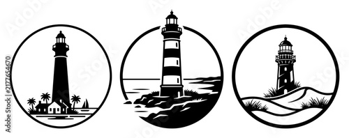 Lighthouse emblem collection with coastal landscape scenes in circular frames