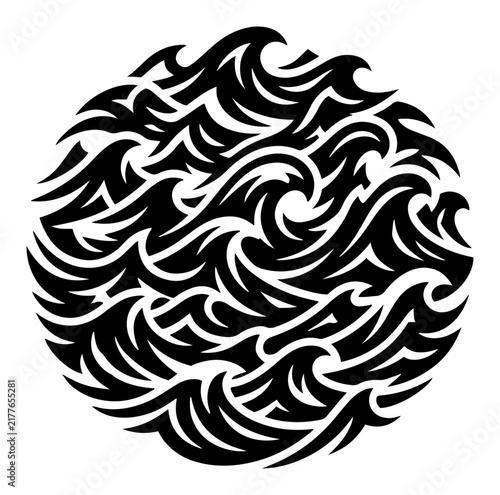Abstract circular wave pattern with stylized water splashes in black silhouette style