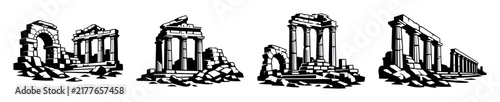 Foto Ancient Greek ruins and architectural remnants in a black and white illustration