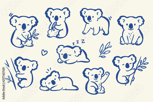Cute koala doodle collection featuring playful poses, eucalyptus branches and sleepy koala characters in whimsical naive hand drawn line art.