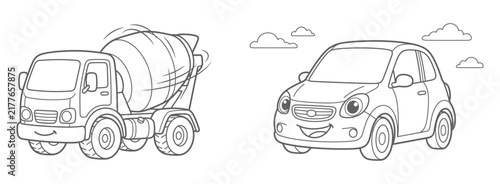 Set of two hand drawn sketches featuring a concrete mixer truck and a small compact city car