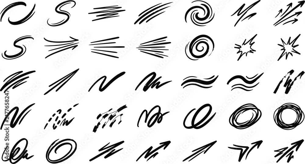 Fototapeta premium Set of hand drawn abstract scribble shapes and doodle elements isolated on a white background for design
