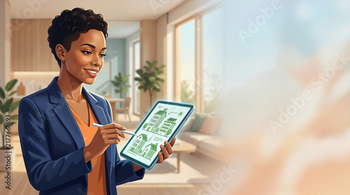 Smiling Black woman architect holding tablet with green eco friendly house designs. Sustainable architecture and World Habitat Day concept with copy space