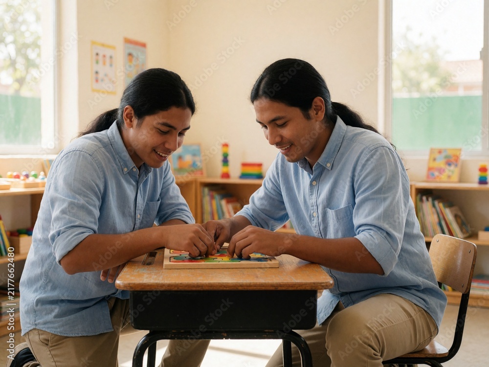 Fototapeta premium Two men in identical blue shirts working on a puzzle