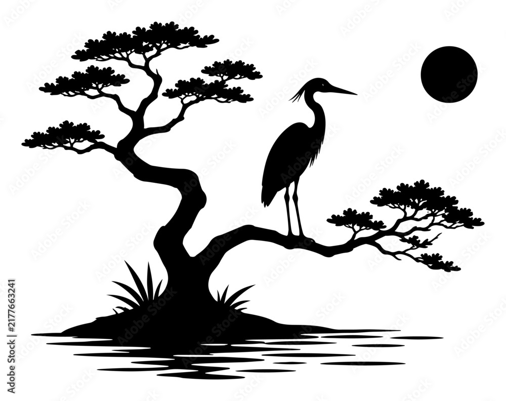 Fototapeta premium Heron bird silhouette standing on bonsai tree branch with sun and lake landscape