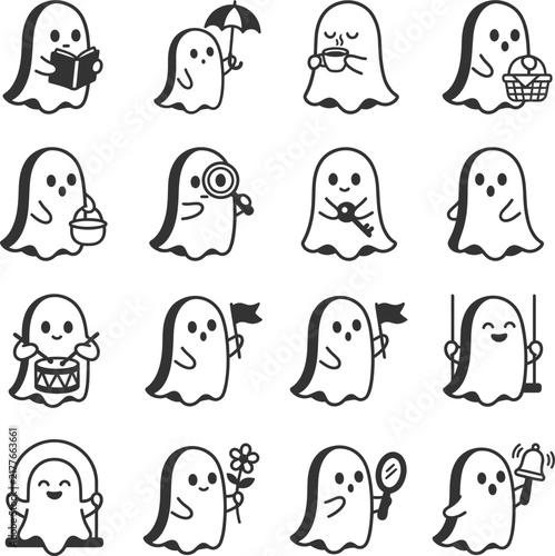 Cute ghost icons set with various spooky Halloween activities