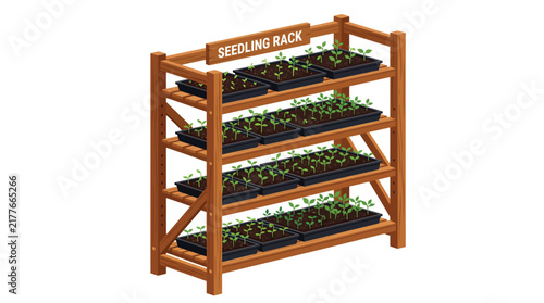 A wooden rack holding multiple plastic trays filled with small green seedlings for garden growth with shelving unit displays displays several black