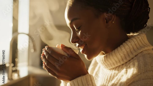 Woman sipping steaming hot beverage in sunlit kitchen. Morning routine, relaxation, comfort, home life, wellness.