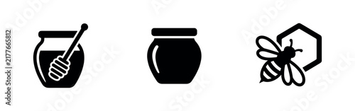 Honey jar and bee vector icon set. Natural sweetener, apiculture symbol.