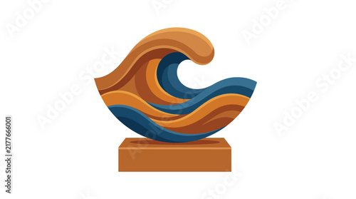 A decorative wooden wave sculpture with blue and brown layers resting on a rectangular base with sculpture with sculpture