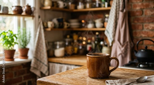 Steaming coffee mug on rustic wooden table in cozy country kitchen, warm morning light, aromatic hot beverage celebration.