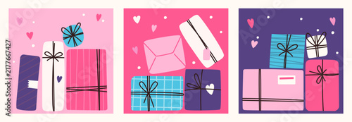 Set of 3 Romantic Valentines Day Gift Boxes Vector Post Templates with Pink and Purple Stacked Presents