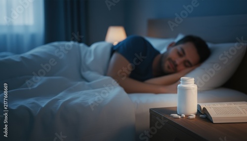 A peaceful bedroom scene with a man asleep beside a bedside table and medication highlighting themes of rest wellness nighttime routine and the pursuit of healthier sleep habits