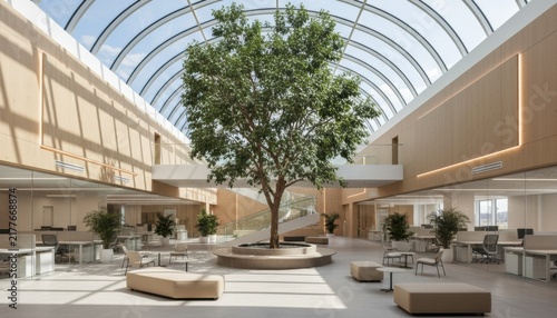 Large indoor office atrium features tall green tree under glass dome ceiling with modern seating areas and wooden walls in bright corporate building