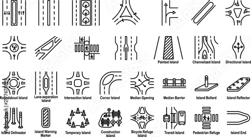 Traffic island and road intersection infrastructure line icons set for urban navigation and design