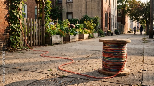 Large spool of colorful thread on city street, urban textile craft and sewing concept.