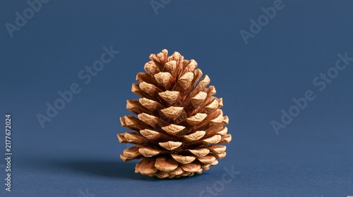 Single natural pine cone isolated against a deep navy blue background with generous copy space