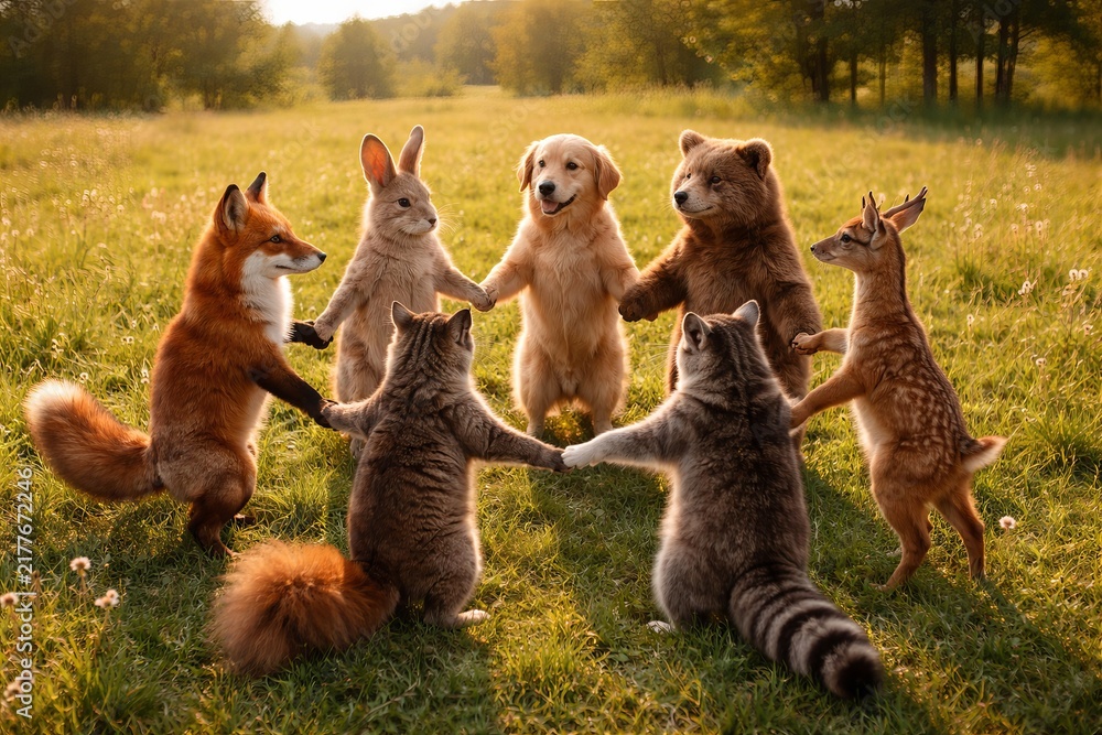 Obraz premium Animal friends holding hands in circle on sunny meadow with dog, fox, rabbit, bear, deer and raccoons. Concept of friendship, unity, teamwork, community, diversity, cooperation, nature