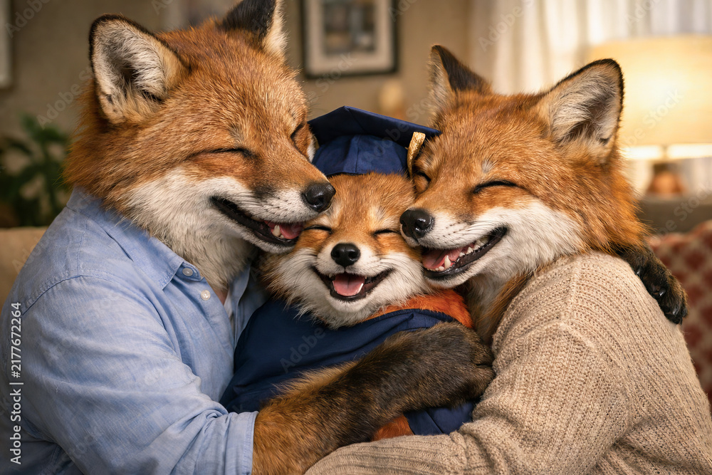 Obraz premium Fox family celebrating graduation with young fox in cap and gown hugged by parents at cozy home setting. concept of family pride, achievement, joyous moment, celebration.