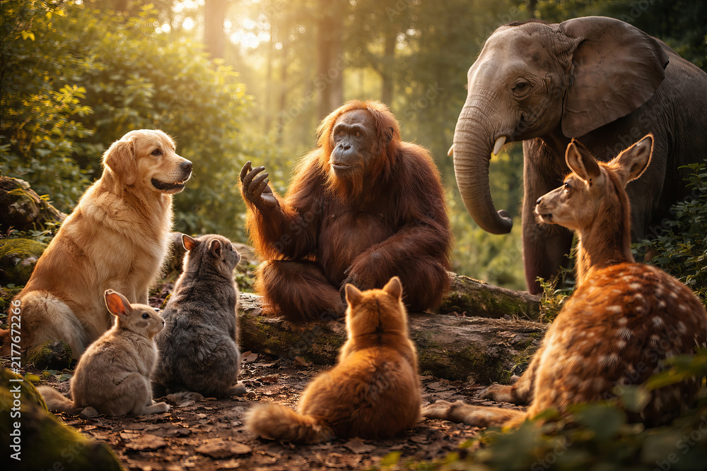 Obraz premium Orangutan, elephant, and forest animals gathering in sunlit woodland clearing. concept of wildlife harmony, animal friendship, nature community, peaceful coexistence