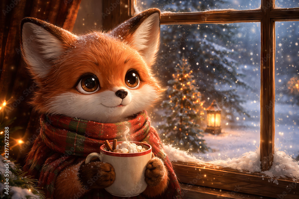 Obraz premium Cute fox in red scarf drinking hot chocolate with marshmallows by window with snowy winter forest. Cozy Christmas animal illustration for holiday greeting card