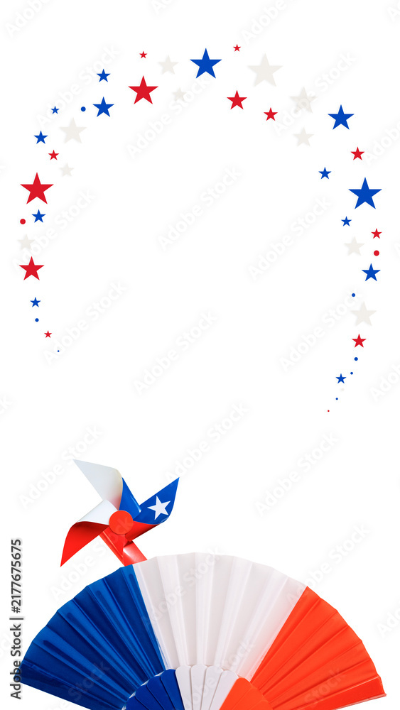Fototapeta premium Pinwheel and paper fan in american flag colors with a falling star frame