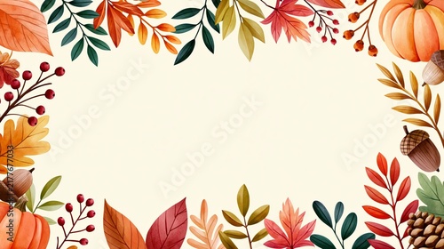 Hand painted autumn botanical frame with pumpkins, acorns, berries and colorful foliage surrounding generous copy space