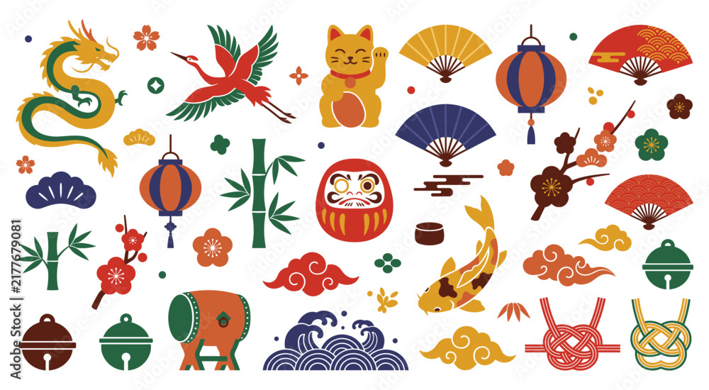 Obraz premium Japanese traditional cultural symbols and lucky charms collection.