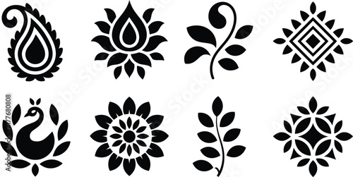 Set of eight black decorative vector icons featuring traditional indian ethnic floral and paisley patterns