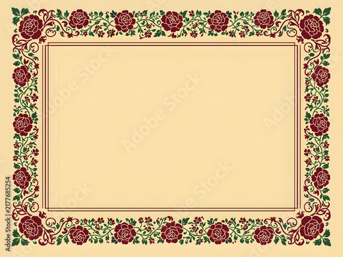 Vintage floral border with intricate red and green pattern