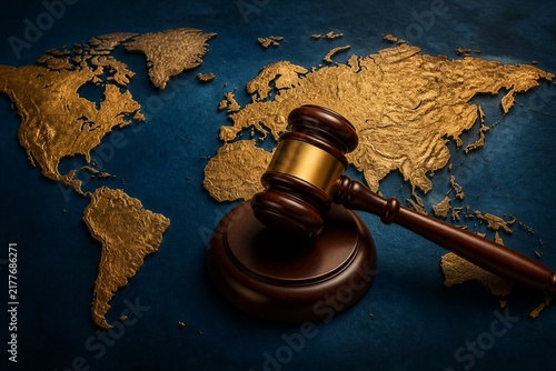 Gavel resting on world map representing global law