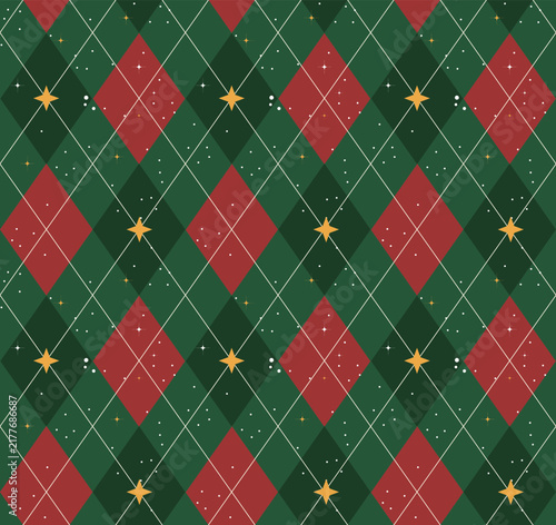 Festive green Christmas argyle seamless pattern with golden stars and falling snow. Ideal for wallpaper, holiday backgrounds, textiles, and wrapping paper. Vector illustration.