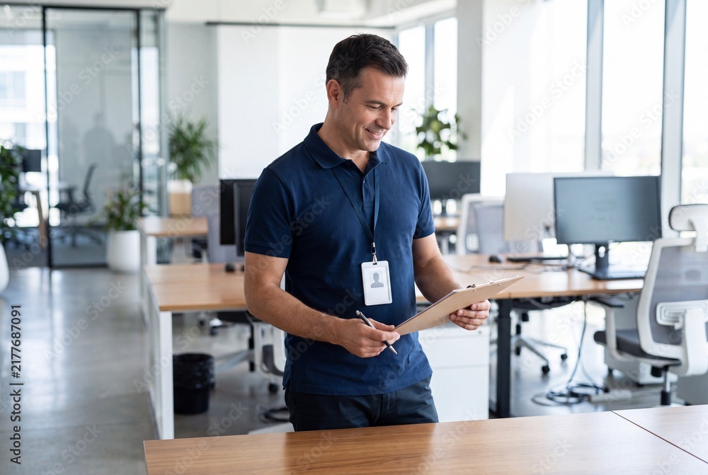 Fototapeta premium Professional Male Supervisor Reviewing Paperwork in an Office Workplace Setting