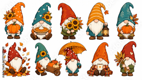 Set of Cute Autumn Gnomes with Fall Elements