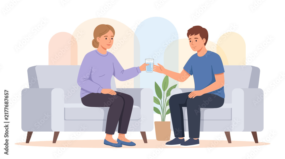 Obraz premium Woman offers glass of water to man sitting on sofa, symbolizing care, support, and comfort