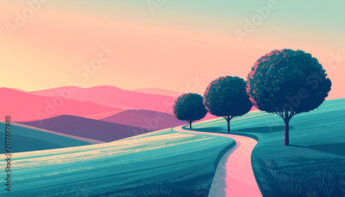 Winding road through rolling hills at sunset