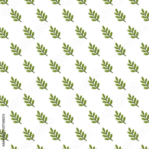 Seamless pattern with small green leafy branches on white background. Simple botanical print. 