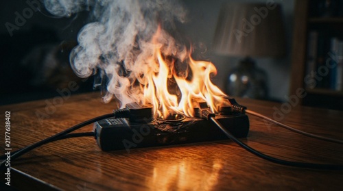Cuadro en lienzo A close-up shot of a black electrical power strip catching fire on a wooden table, depicting a dangerous electrical short circuit