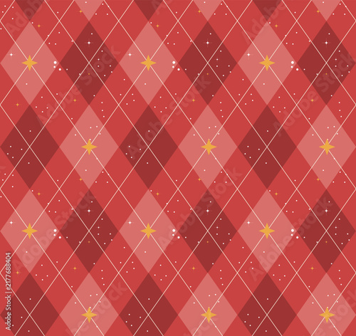 Festive green Christmas argyle seamless pattern with golden stars and falling snow. Ideal for wallpaper, holiday backgrounds, textiles, and wrapping paper. Vector illustration.