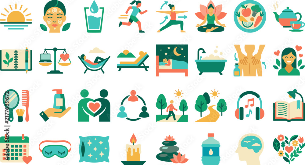 Naklejka premium Health Wellness Self Care Lifestyle Icons Set Yoga Meditation Sleep Nutrition Fitness Skincare Balance Flat Vector Healthy Mindfulness