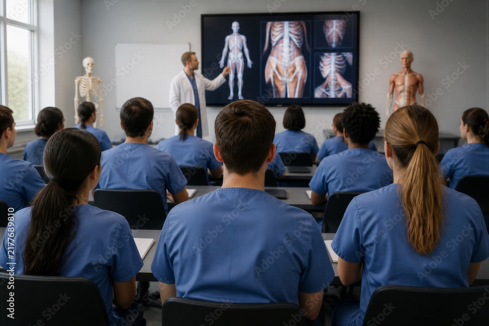 Obraz premium Medical students listening to anatomy lecture in classroom