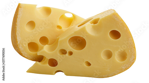 Fotografie Isolated two appetizing yellow cheese wedges with holes, a delicious nutritious dairy product