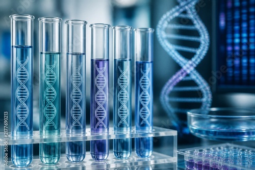 Test tubes containing colored solutions with dna helix model
