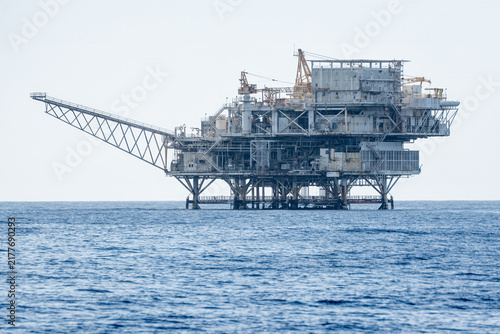 Energy and oil producing Platform Gail sits high about the water of the Santa Barbara Channel, California