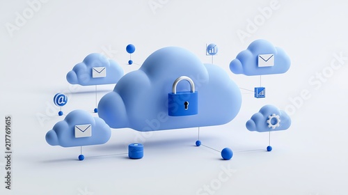 Plakat Cloud computing data security concept with a padlock floating among blue digital clouds cyber security padlock icon digital network information protection server storage
