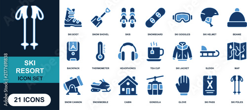 Ski Resort Icon Set: A comprehensive collection of 21 flat design icons representing various elements and activities associated with a ski resort, including equipment, facilities, and winter sports.