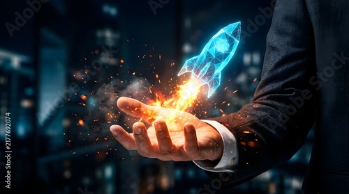 Digital rocket launching from businessman hand over city skyline