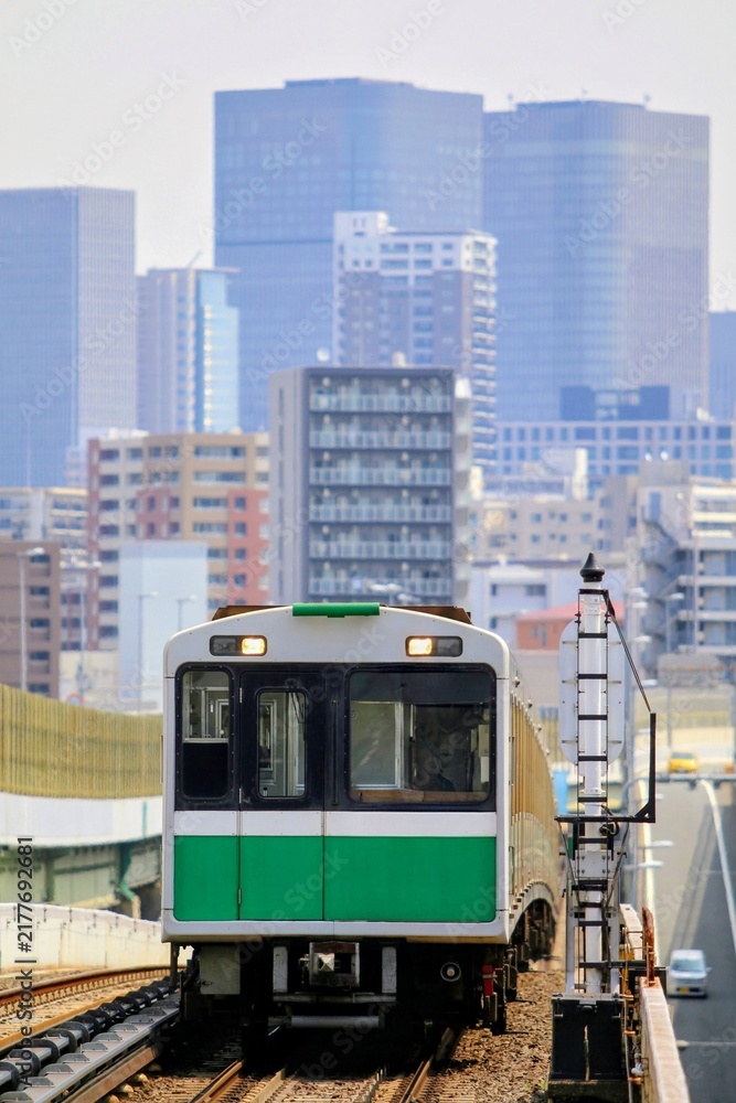 Fototapeta premium 高層ビル群を背景に高架線を走る電車
