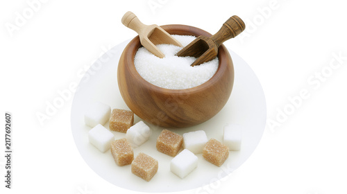 Fotografía Isolated wooden bowl filled with white granulated sugar and two scoops, surround